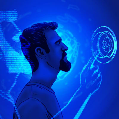 Grafiikka, jossa mies sinisellä taustalla ja digitaalisia merkkijonoja.