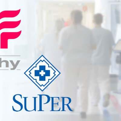 Grafik med Tehys och Supers logotyper framför sjukhusmiljö.