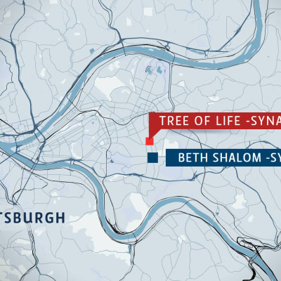 Tree of Life - ja Beth Shalom -synagogien sijainnit Pittsburghissa.