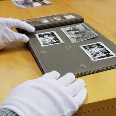 Amanuenssi käsittelee vanhoja kuvia suojakäsineet käsissään
