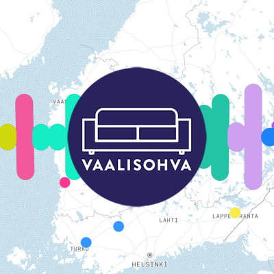 Suomen kartan päällä Vaalisohva-tunnus ja värikäs ääninauhaa mukaileva graafinen elementti