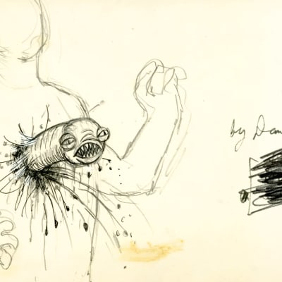 Alien-elokuvan hahmotelma-piirros, jossa hirviö tulee ihmisen vatsasta. 