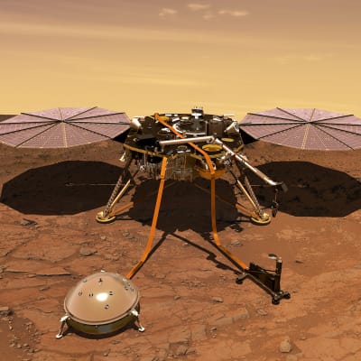 NASAn tuottama 3D-mallikuva InSight-laskeutujasta Marsissa.
