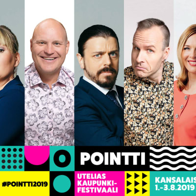Pointti-tapahtumagrafiikkakehyksessä rivissä: Emma Karasjoki, Eeva Vekki, Kalle Palander, Ander Helenius, Mikko Kekäläinen, Piia Pasanen ja Susanna Laine.