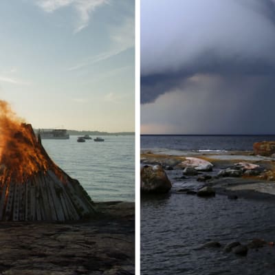 en bild av en midsommarbrasa och en bild av stormskyar