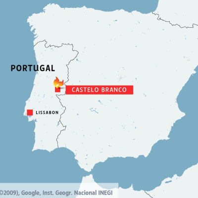 Portugals karta som visar var skogsbränderna härjar i Castelo Branco. 