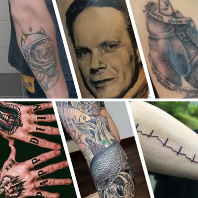 Kollage över tio olika tatueringar.