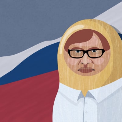 Kaj Arnö illustrerad som rysk docka med Rysslands flagga i bakgrunden