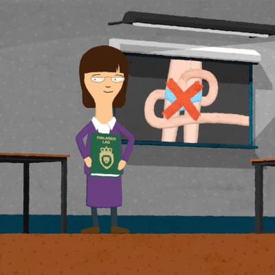 En bild ur animationsserien Min kropp är min, där en lärare berättar att vuxna inte får röra barns könsorgan