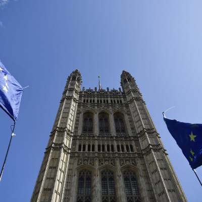 Euroopan unionin lippuja parlamenttitalon edustalla Lontoossa 4. syyskuuta. 