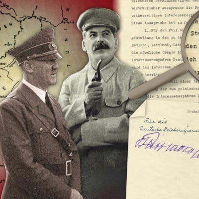 Kuvassa Stalin ja Hitler ja hyökkäämättömyyssopimuksen salainen lisäpöytäkirja