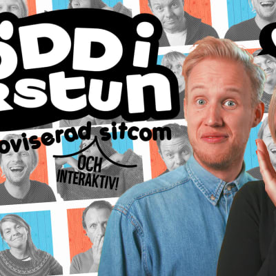 Simon Karlsson och Märta Westerlund i näsdagen 2019 promobild med grafik och texten Född i farstun sitcom.
