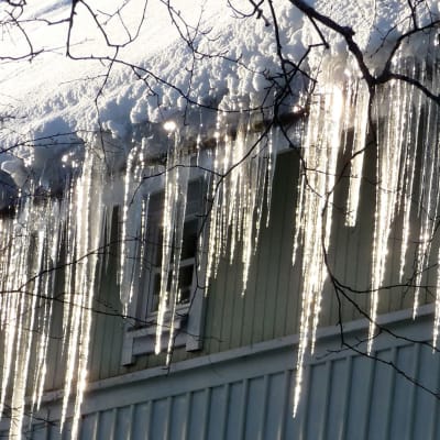 Istappat hänger från kanten av ett snöigt tak