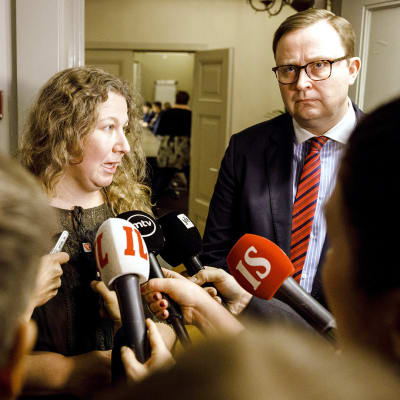 Heidi Nieminen (vas.) ja Palvelualojen työnantajat Palta ry:n toimitusjohtaja Tuomas Aarto medioiden piirittämänä