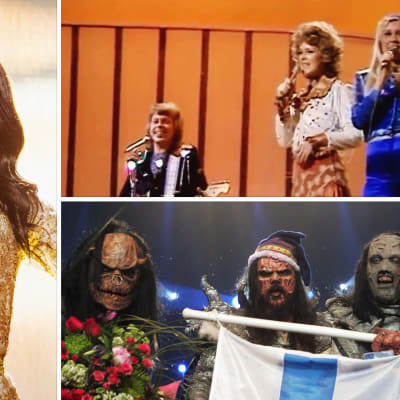 Kuvassa euroviisuvoittajat Conchita Wurst, ABBA ja Lordi