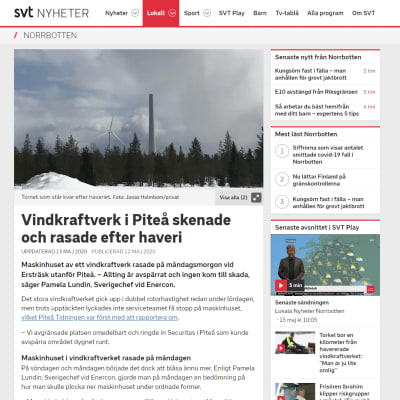 Kuvakaappaus SVT:n nettijutusta, jossa kerrotaan tuulivoimalaonnettomuudesta.