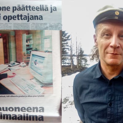 Lehtileike vuodelta 2000 ja Mikko Kellokumpu ylioppilaslakki päässään