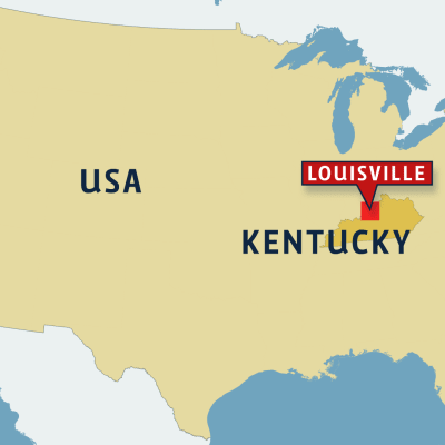 Ammuskelu Kentyckyssa, kartta Louisville, Kentucky.