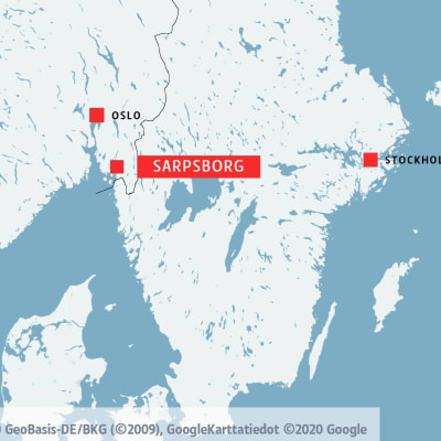 Karta där Oslo, Sarpsborg och Stockholm är utmärkta.