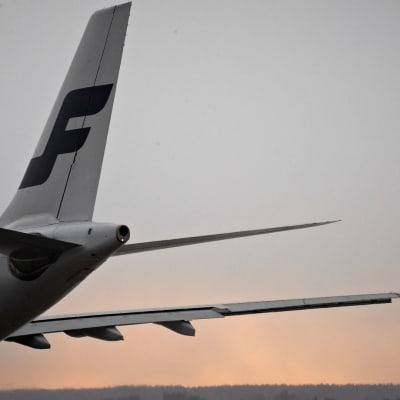 Finnairin lentokoneen peräosaa, kone seisoo kentällä.
