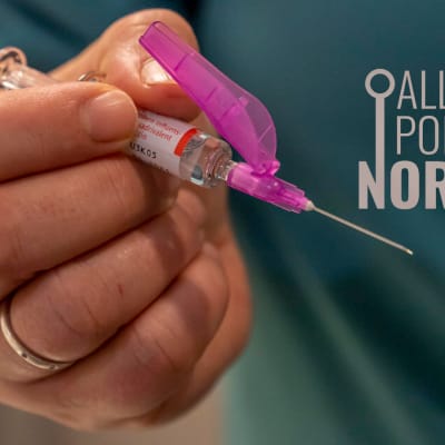 Yle News' All Points North podcast logo featuring photo of influenza vaccine. 