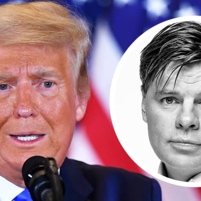 Kommentarsbild på Svenska Yles USA-korrespondent Ville Hupa bredvid USA:s president Donald Trump.