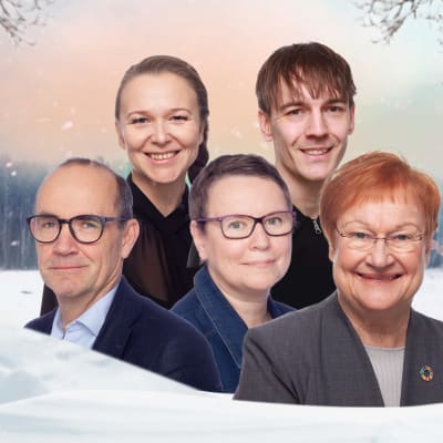 Fem personer mot en grafisk vintrig bakgrund. Fritjof Sahlström, Camilla Svevar, Tarja Halonen, Andrea Reuter, Kevin Holmström.