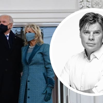 Joe biden och Jill Biden utanför Vita huset. Fotokollage med Ville Hupa
