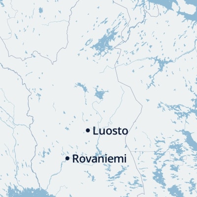 En karta över norra Finland med berget Luosto och staden Rovaniemi inprickade.