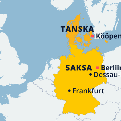 Saksan ja Tanskan kartta. Paikannettu myös maiden pääkaupungit sekä Saksan kaupungeista Frankfurt ja Dessau-Roßlau.