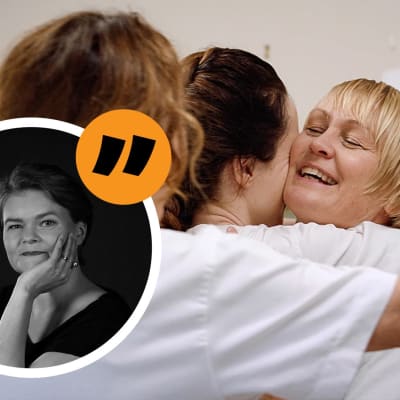 Tre kvinnor i vita kläder kramas. Inflikt i en cirkel en kvinna med huvudet vilande på sin hand.