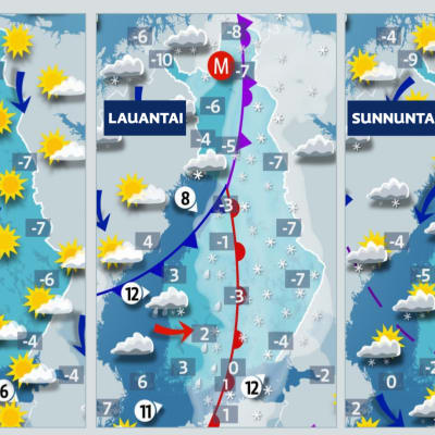 Sääkartta: Perjantaina vielä aurinkoista, viikonloppuna matalapaine sateineen liikkuu Suomen yli kaakkoon.