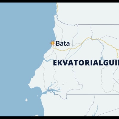En karta över Ekvatoriala Guinea där staden Bata är utplacerad vid kusten.