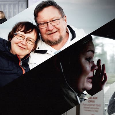 Kuvassa halaava pariskunta, itkevä nainen, suojapukua pukeva hoitaja ja tiedotustilaisuuskuva