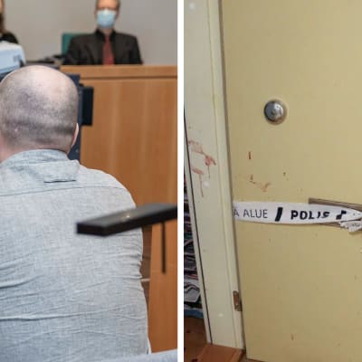 Selän takaa kuvattu mies oikeussalissa ja toinen kuva poliisinauhalla eristetystä ovesta jossa on myös vähän verta.