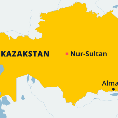 Kazakstanin kartta, jossa pääkaupunki Nur-Sultan ja Almaty.