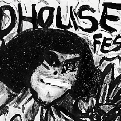 En teckning i svart av ett huvud som sticker fram ur ett buskage, ovanför står det skrivet Bad House Festival.