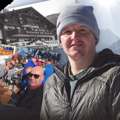 Kuvassa Kitzloch-baarin omistaja, suomalaisia hiihtomatkailijoita Apeilla ja Alppikylä Ischgl