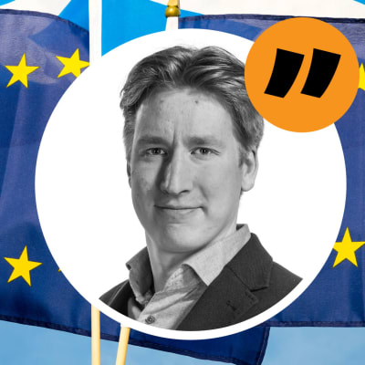 Rikhard Husus bild ovanpå en bild med Skottlands och EU:s flaggor.