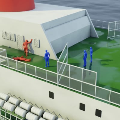 Grafik över hur det såg ut på Viking Sallys däck då offren hittades. En rödfärgad figur ligger och en annan rödfärgad figur lutar sig mot en vägg då tre blåfärgade figurer kommer fram till dem.