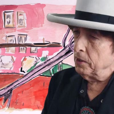Bob Dylan maalauksensa edessä.