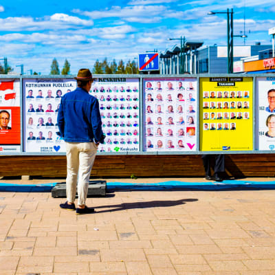 Photo of man looking at municipal election posters in Tornio, featuring All Points North podcast logo.