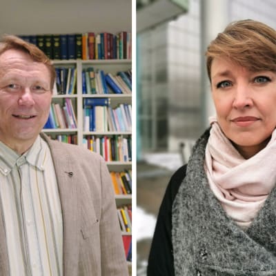 Oikeustieteen professori Asko Uoti ja hallintotieteiden tohtori Jenni Airaksinen seisovat ja katsovat kameraan.