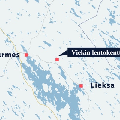 Karttagrafiikka, missä näkyy Vikein lentokentän sijainti suhteessa Lieksan ja Nurmeksen kaupunkeihin.