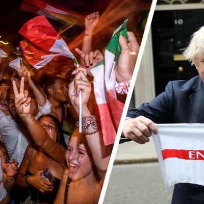 Italian jalkapallokannattajia ja Boris Johnson englannin lipun kanssa