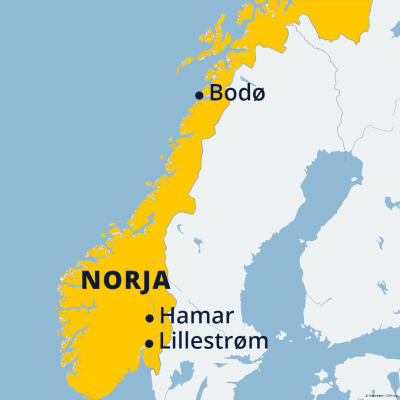 Norjan kartta, jossa Bodø, Lillestrøm ja Hamar.