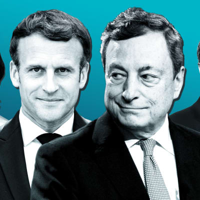 Kuvakollaasissa keskellä Emmanuel Macron ja Mario Draghi, taaempana sivuilla Annalena Baerbock ja Armin Laschet.