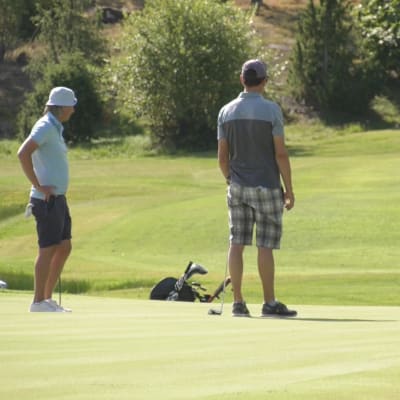 Tre personer står på greenen på en golfbana och gör sig redo att putta.