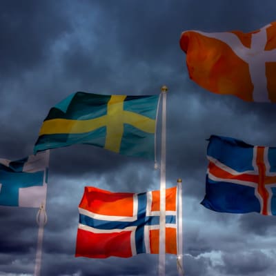 De nordiska flaggorna mot en hotfullt mörk himmel