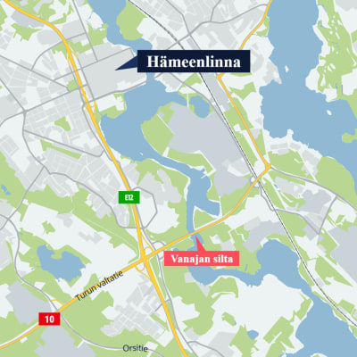 Karttakuva, jossa näkyy Vanajan sillan sijainti ja Hämeenlinna keskusta.